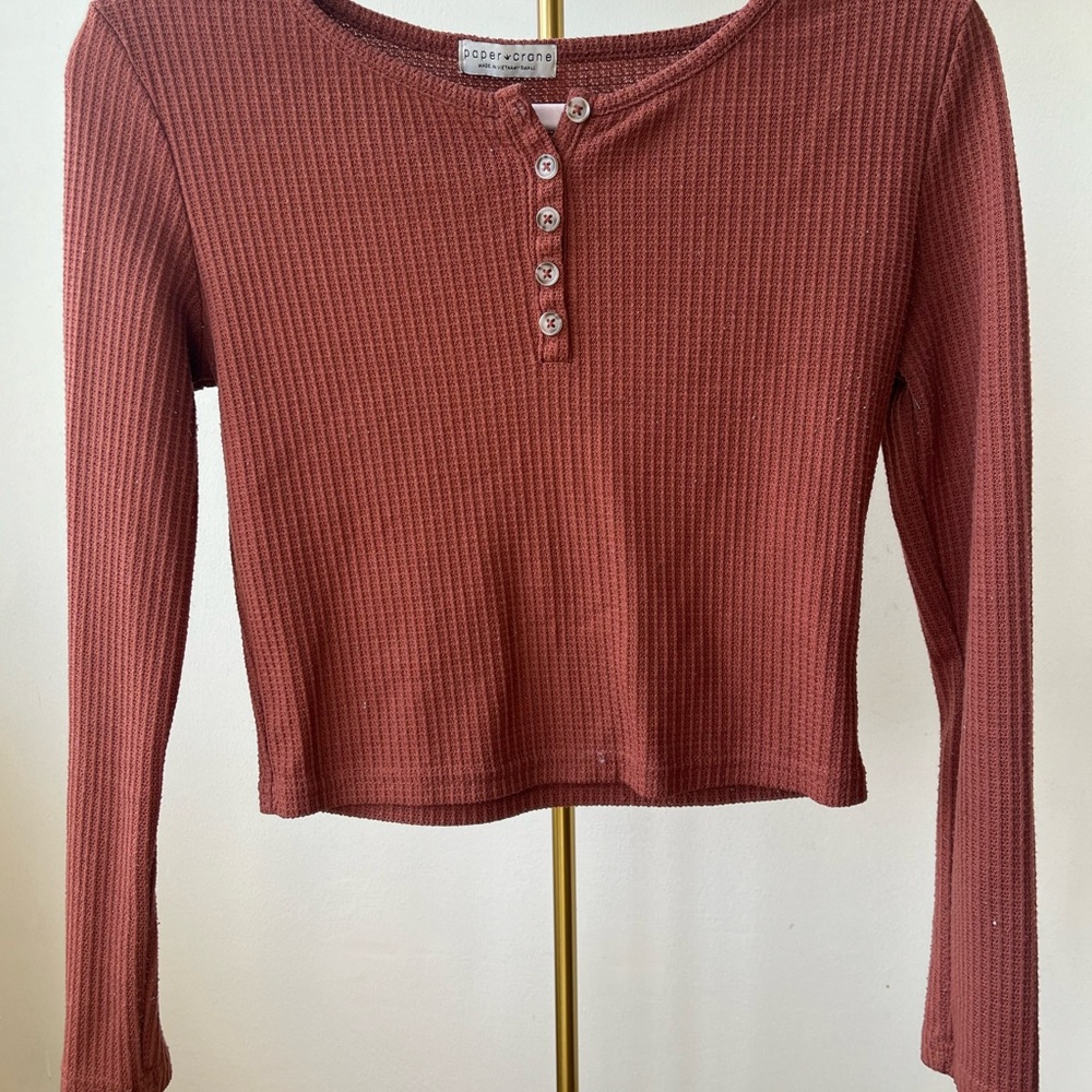 Women's Ribbed Henley Top - Rust